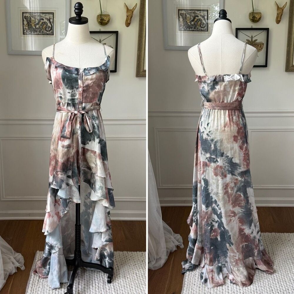Sukiso Juliet Romantic Hi Low Earthy Watercolor Tie Dye Satin Ruffle Dress $329